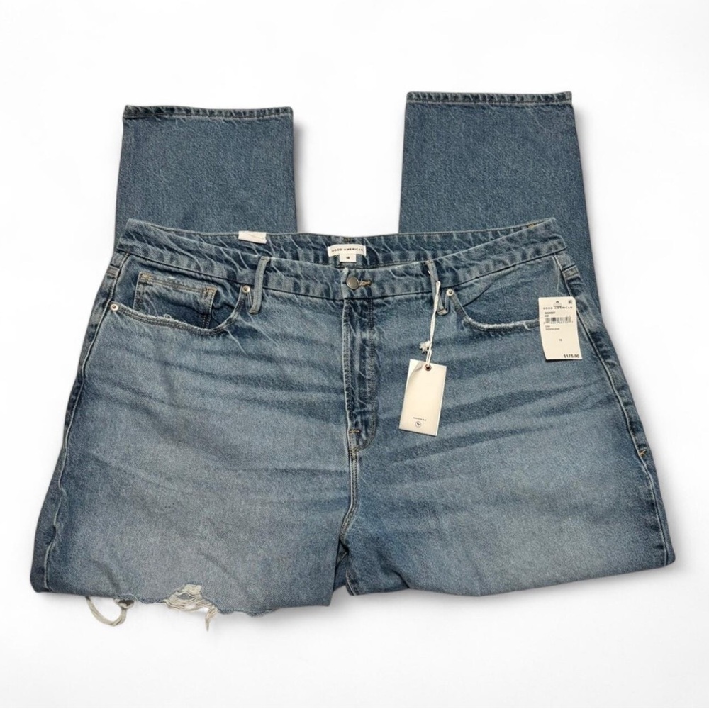 Good American Sz 18 Good Boy Jeans High Rise Straight Leg Distressed Light Wash - Picture 3 of 7